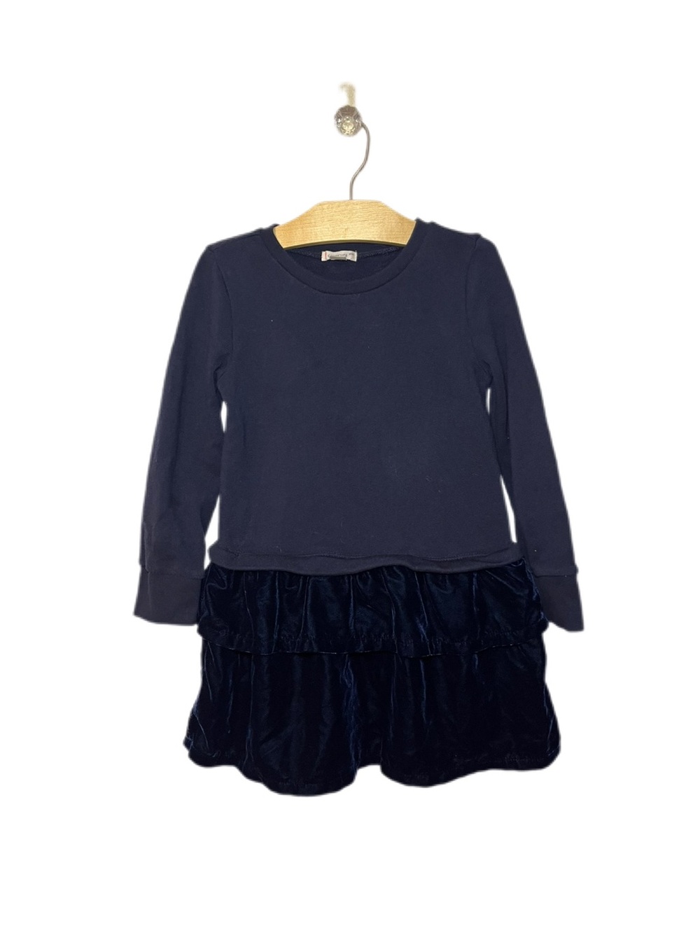 Crewcuts Size 5 Girls Navy Blue Sweatshirt Dress with Velour Ruffled Skirt